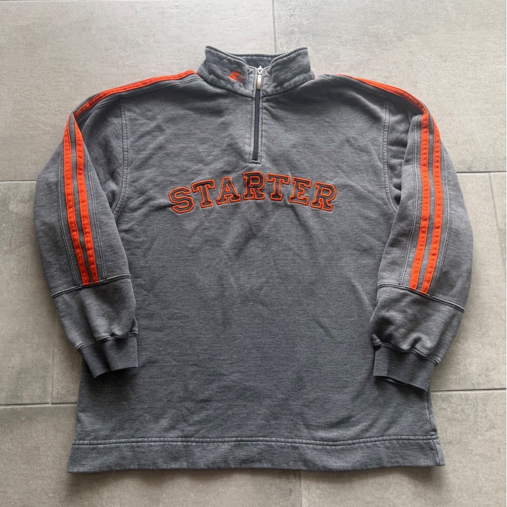Vintage 90s Starter Mens Quarter Zip Sweatshirt Grey Stripe Spellout  Logo M